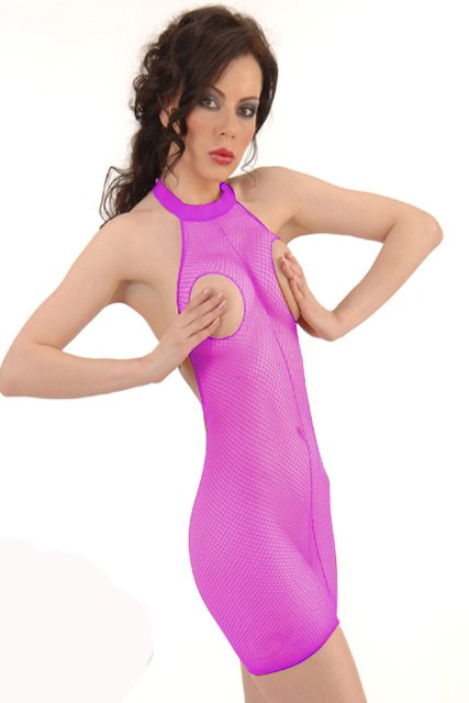 Erotik Fuşya File Elbise